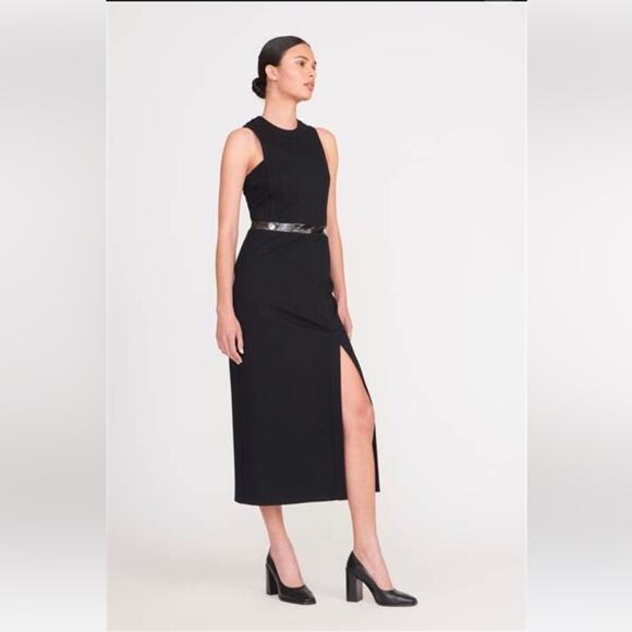 STAUD Sharmila Black Ponte Knit Midi Dress  Sz 6  Chic Minimalist Slit Dress - Picture 2 of 9